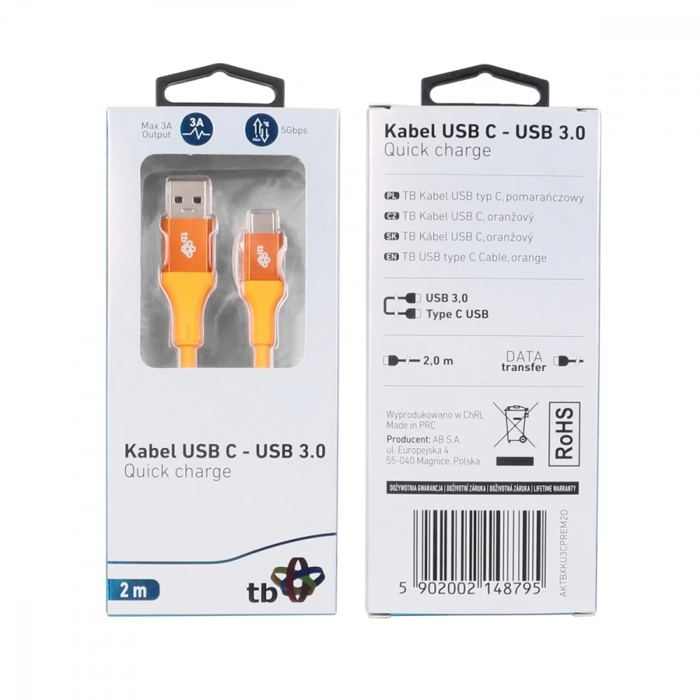 TB Cable USB 3.0-USB C  2m PREMIUM 3A orange