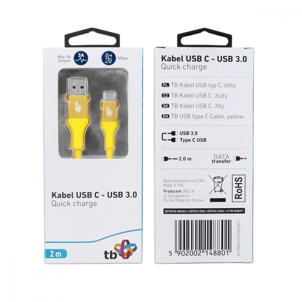 TB Cable USB 3.0-USB C  2m PREMIUM 3A yellow