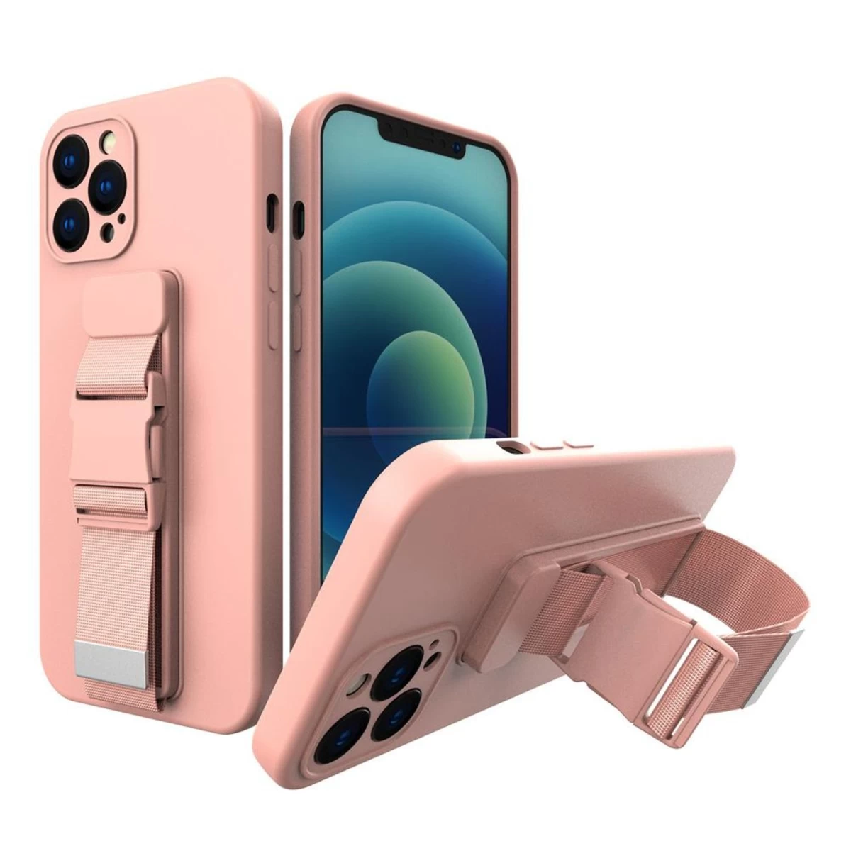 Tpu Gelio Virvės Dėklas Su Oro Pagalve Ir Dirželiu iphone 12 Mini, Rožinės Spalvos