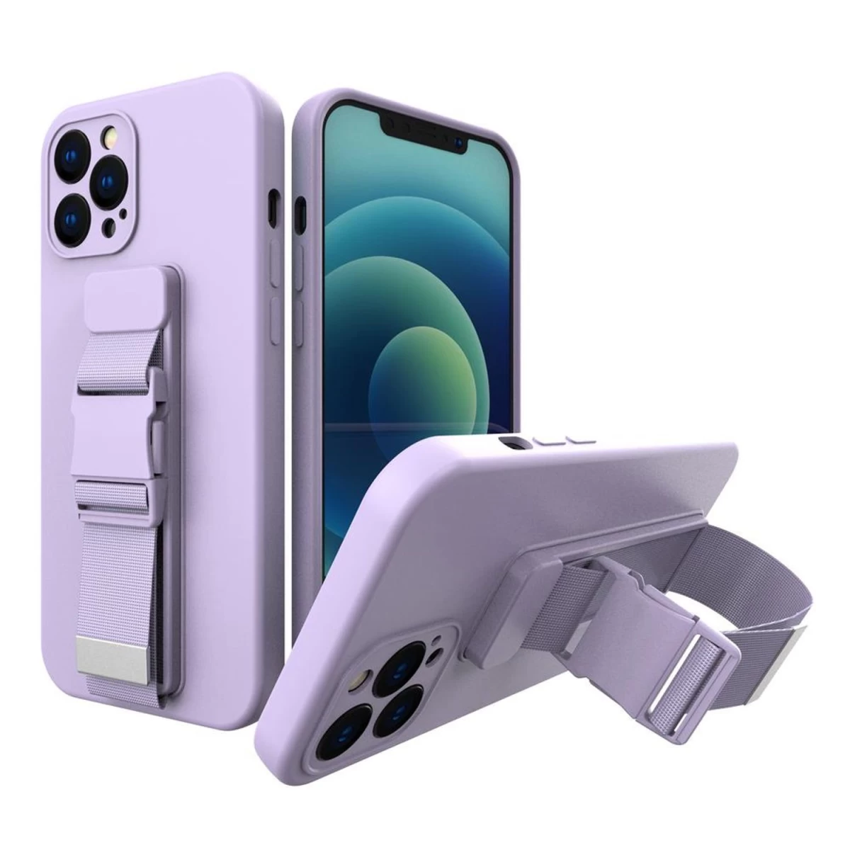 Tpu Gelio Virvės Dėklas Su Oro Pagalve Ir Dirželiu iphone 12 Pro, Violetinės Spalvos