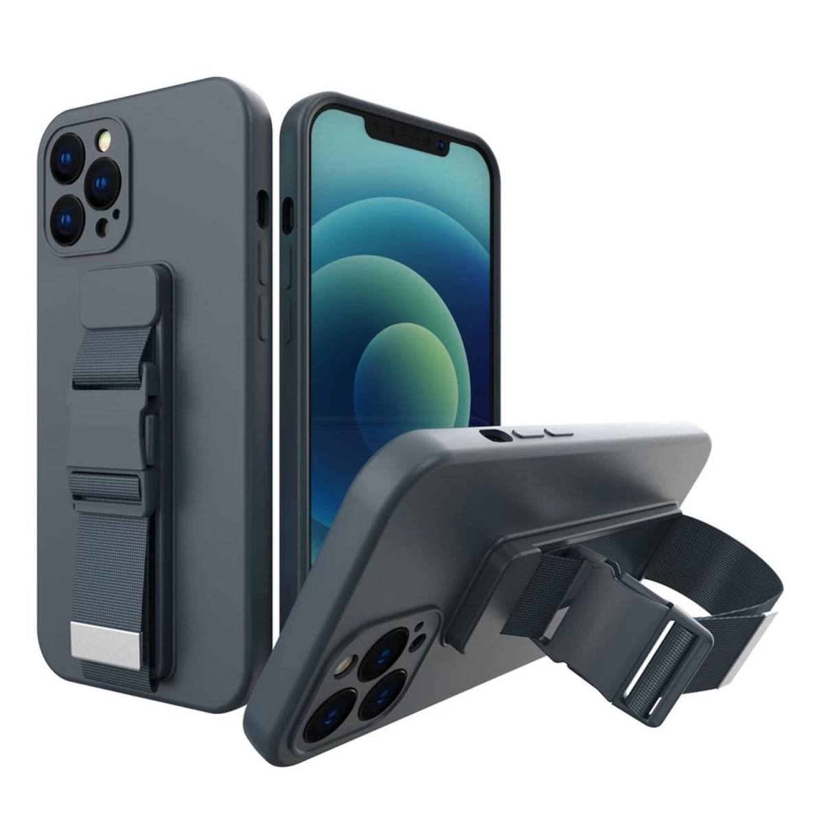 Tpu Gelio Virvės Dėklas Su Oro Pagalve Ir Dirželiu iphone 13 Pro Navy Blue