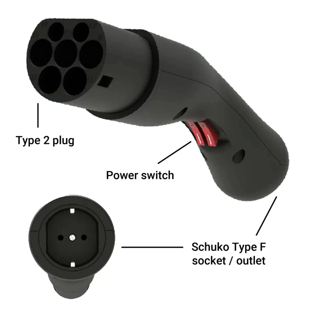 Type 2 į Schuko (standartinį elektros lizdą) adapteris  — 16 A / 1 fazė