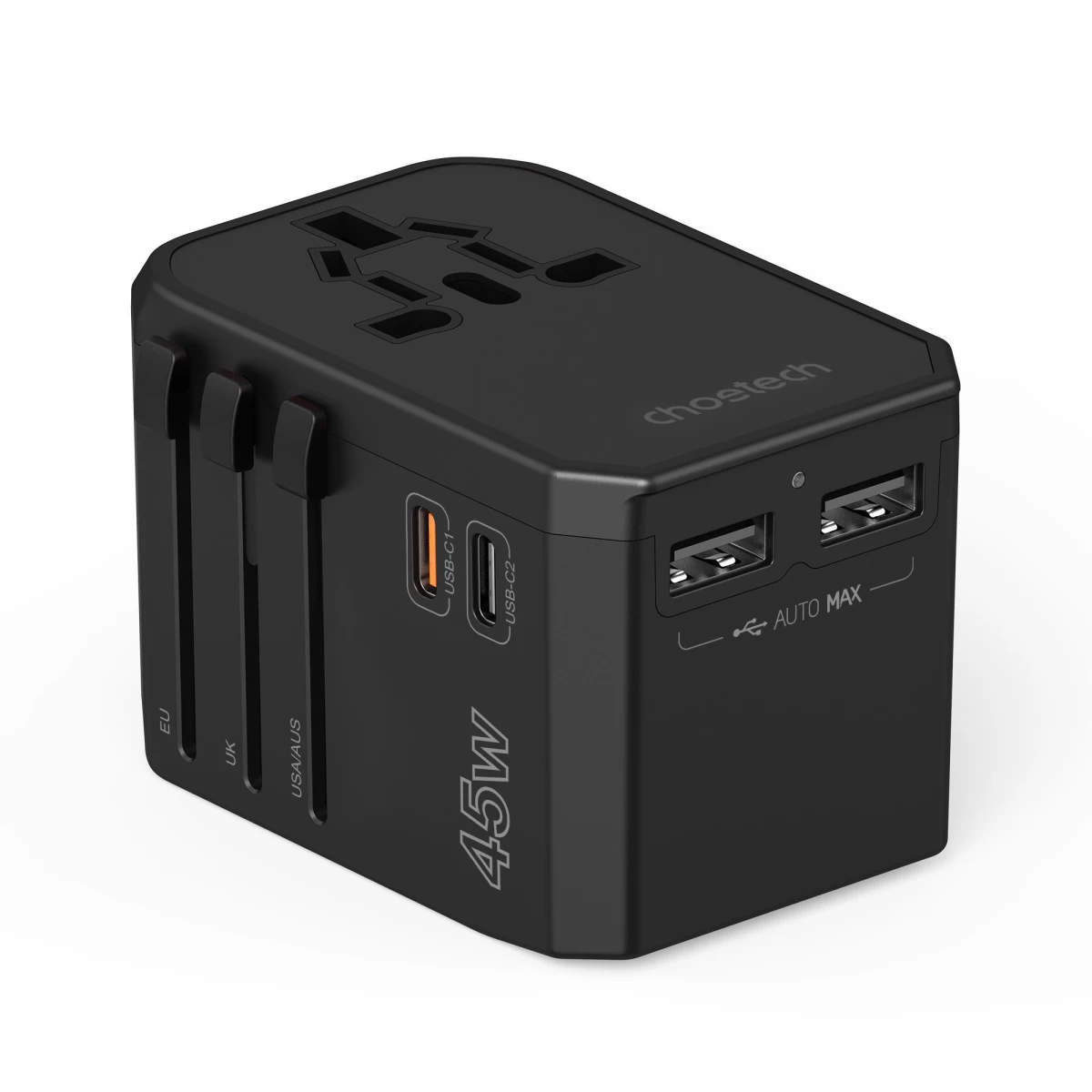 Universalus Kelioninis įkroviklis 2x Usb-c 2x Usb-a Pd 45w Kištukai Usa Eu Uk Au Juodas