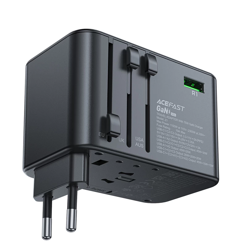 Universalus Kelioninis įkroviklis Gan 2x Usb-a 3x Usb-c Kištukai Uk Eu Usa Aus Juodas