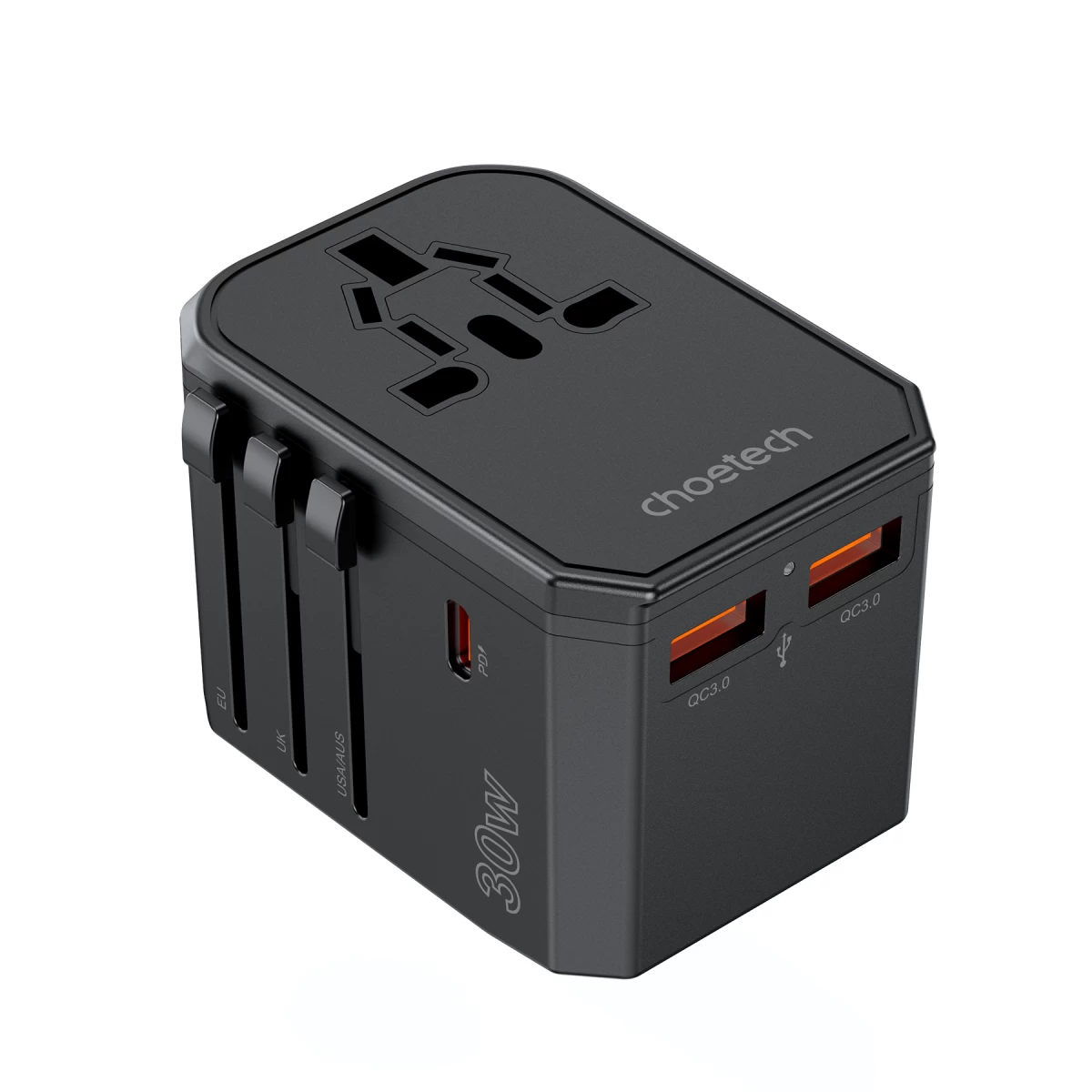 Universalus Kelioninis įkroviklis Usb-c 2x Usb-a Pd 30w Kištukai Usa Eu Uk Au Juodas