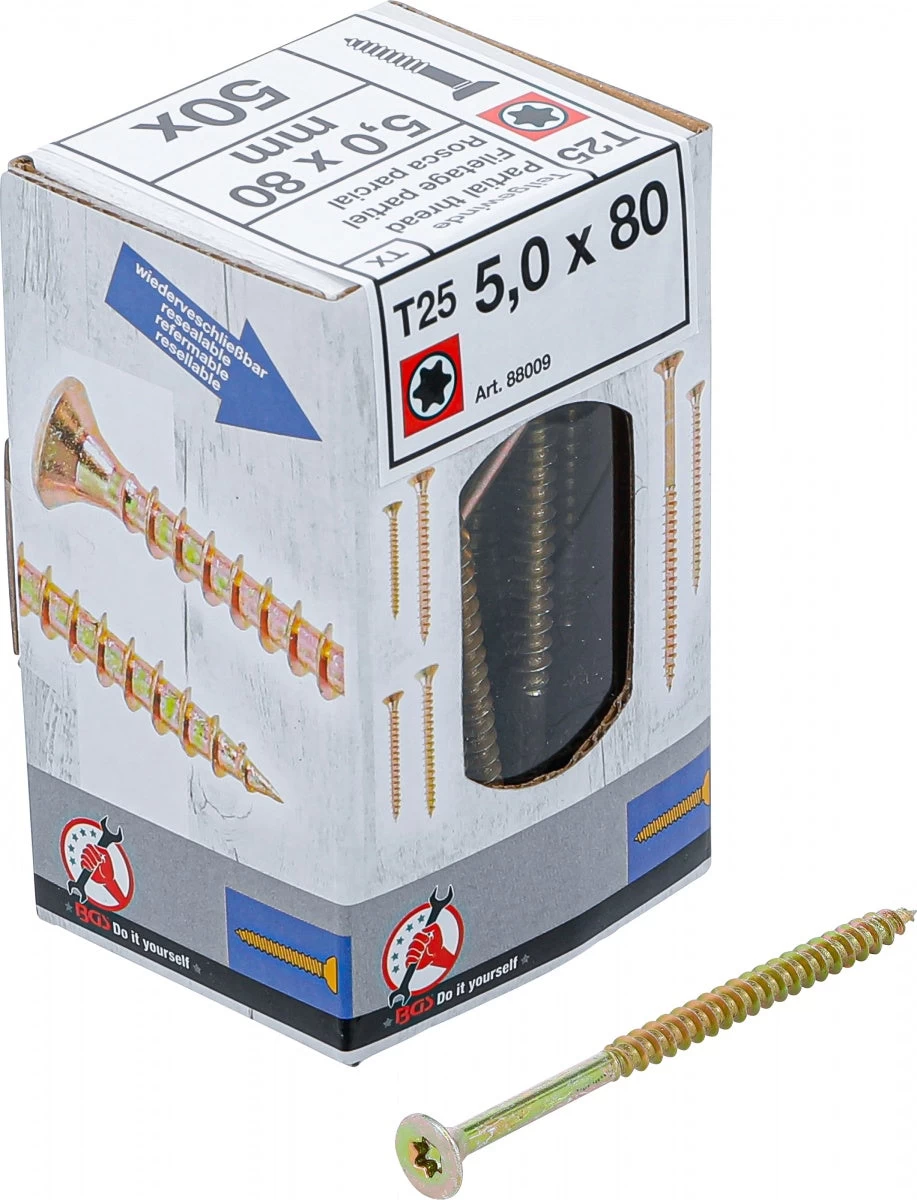 Universalūs varžtai | T-Star (Torx) T25 | 5.0 x 80 mm | 50 vnt. (88009)