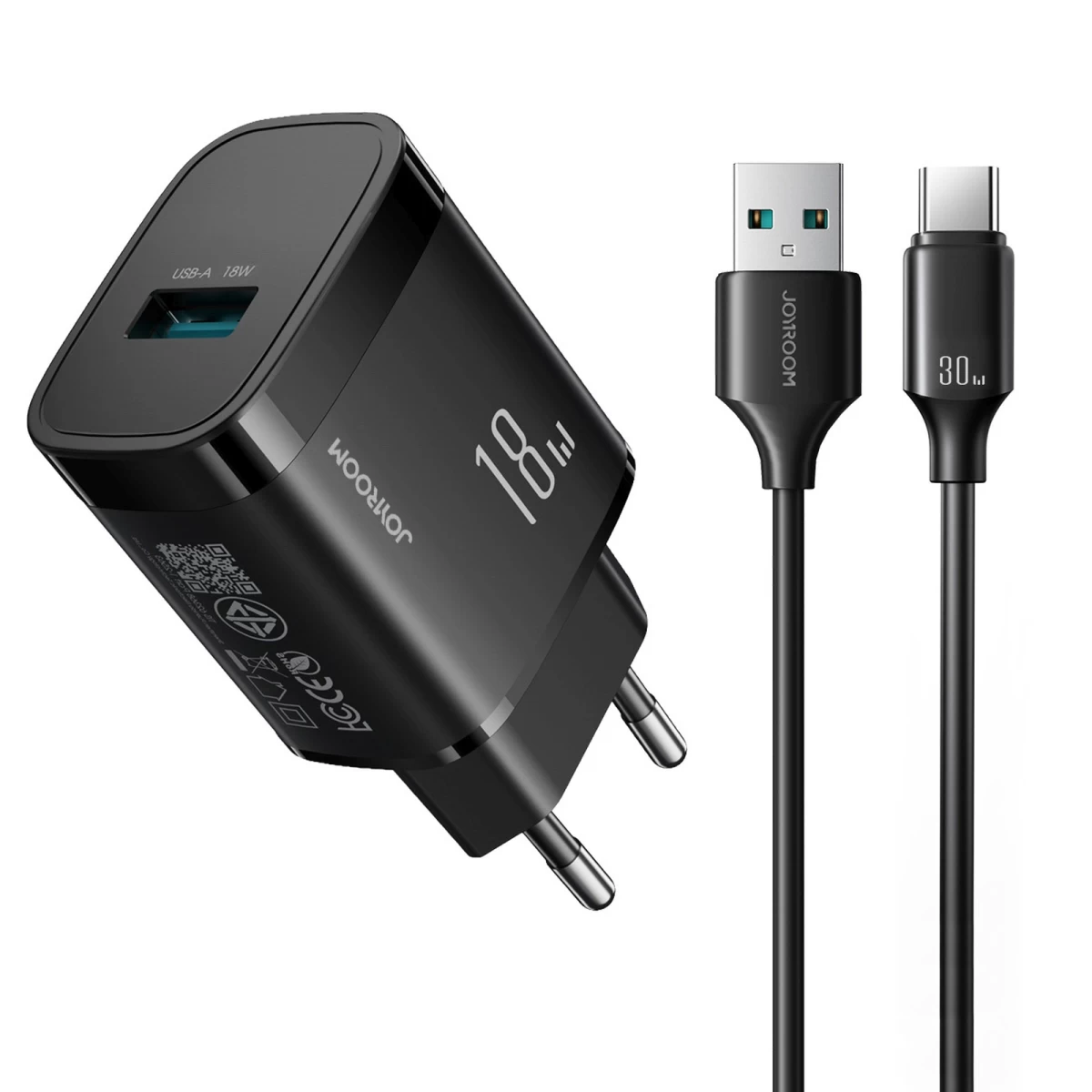 Usb-a 18 W Tinklo įkroviklis Su 1 M Ilgio Usb-a - Usb-c Kabeliu - Juodas
