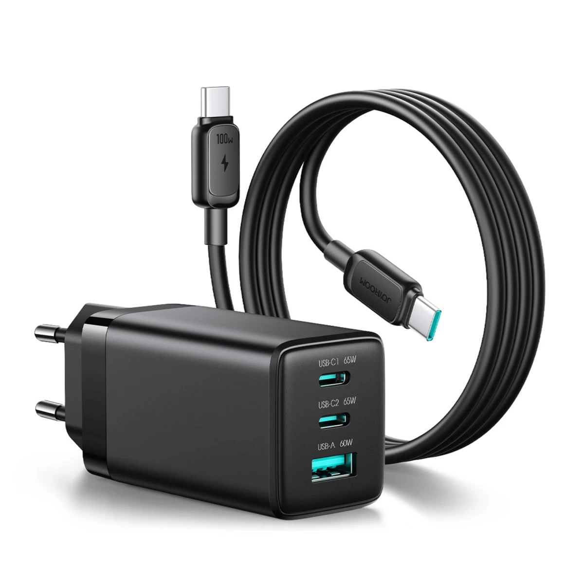 Usb-a Usb-c Gan 65 W Tinklo įkroviklis Su Usb-c 100 W 1,2 M Ilgio Kabeliu - Juodas