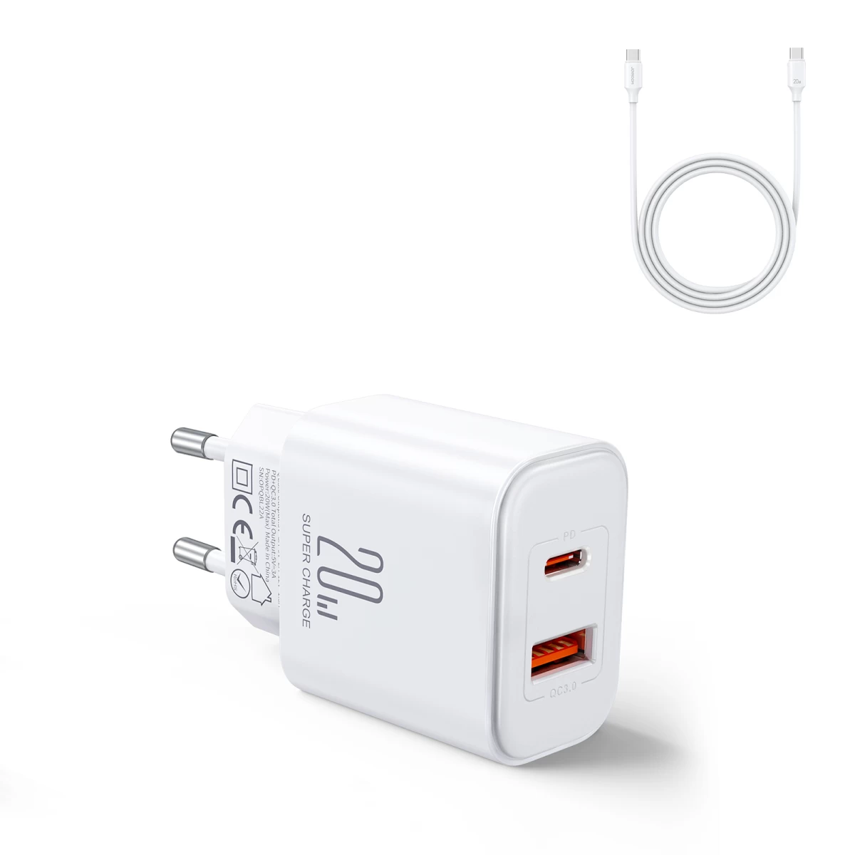 Usb-a Usb-c Pd 20w Tinklo įkroviklis + Usb-c Kabelis Jr-tcf05 Baltas