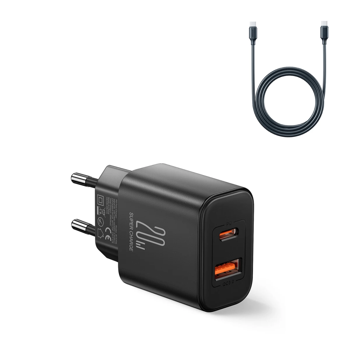 Usb-a Usb-c Pd 20w Tinklo įkroviklis + Usb-c Kabelis Jr-tcf05 Juodas