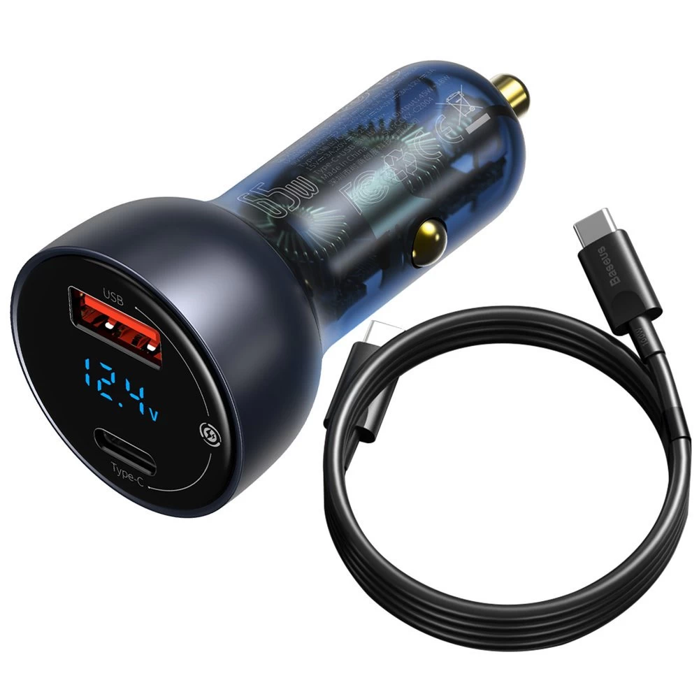 Usb-c Automobilinis įkroviklis 65w 5a Scp Qc Pd Lcd Ekranas + Usb-c Kabelis Pilkos Spalvos