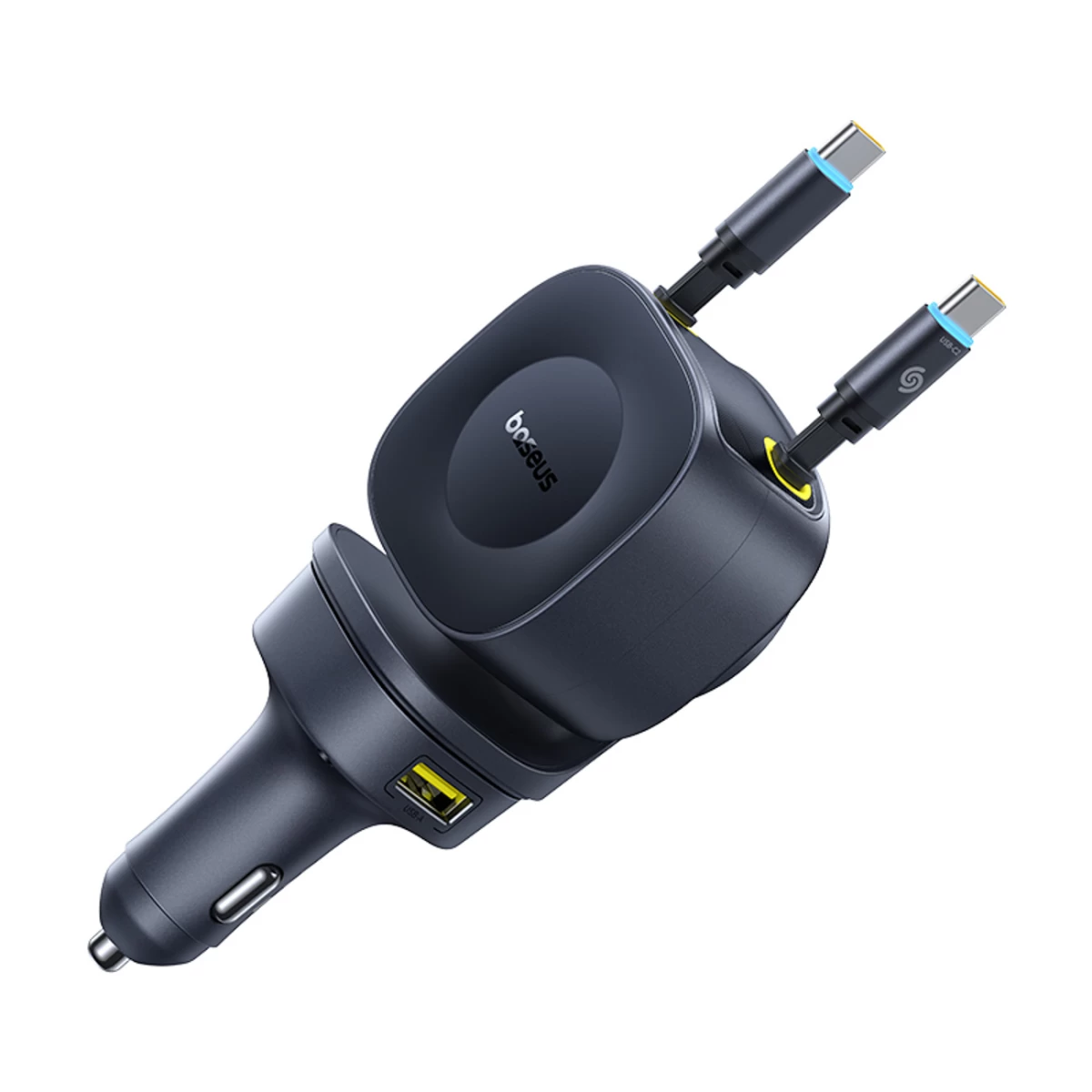Usb-c Usb-a Automobilinis įkroviklis Su Ištraukiamu Usb-c Kabeliu 60 W - Juodas