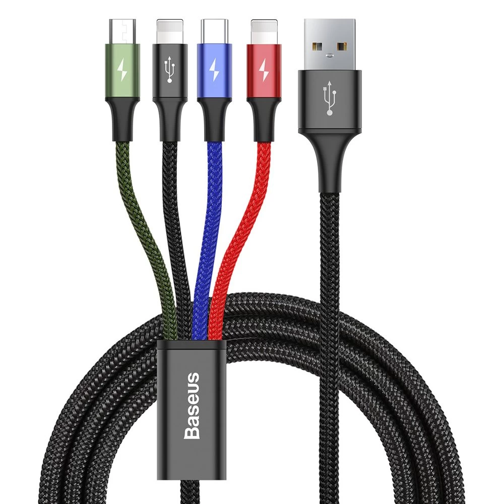 Usb Kabelis 4in1 2 X Iphone Lightning Usb-c Microusb Su Nailono Pynele 3,5a 1,2 M Juodas