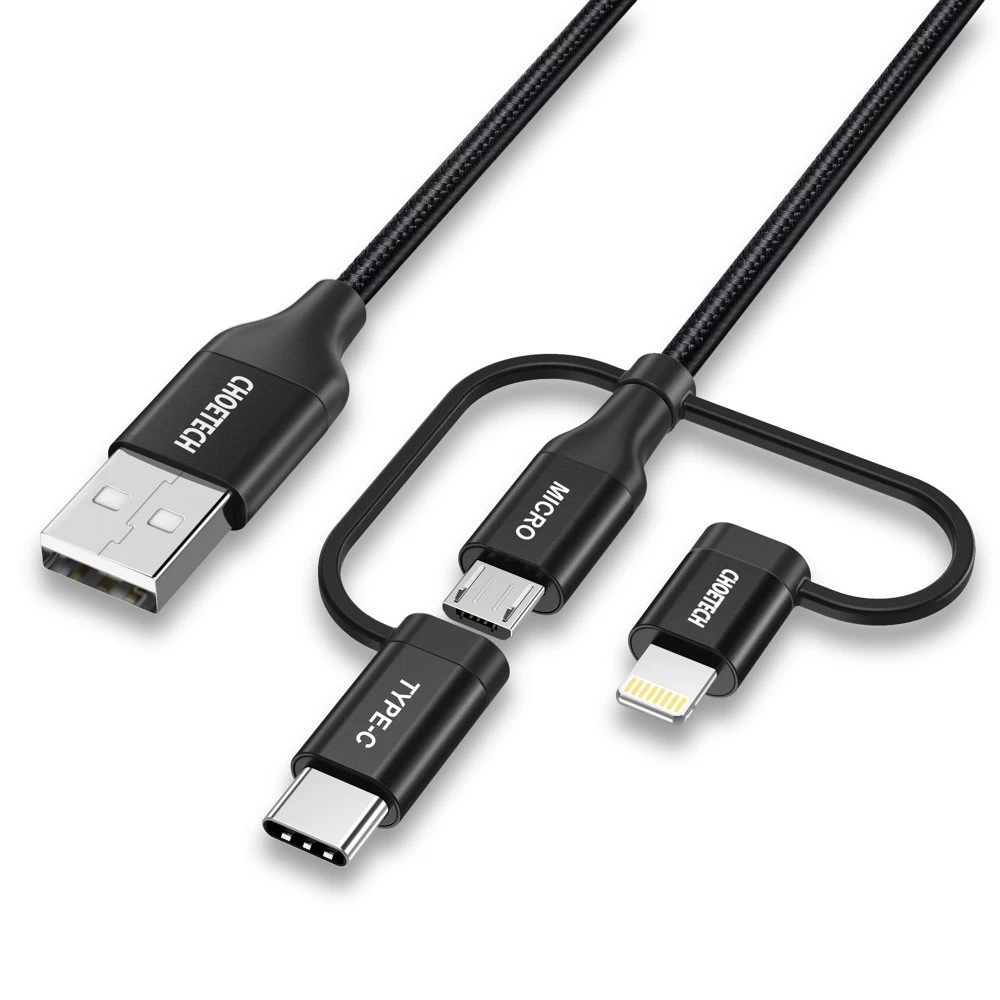 Usb Kabelis Mfi Lightning Usb C Tipo Micro Usb 3in1 1,2 M Juodas