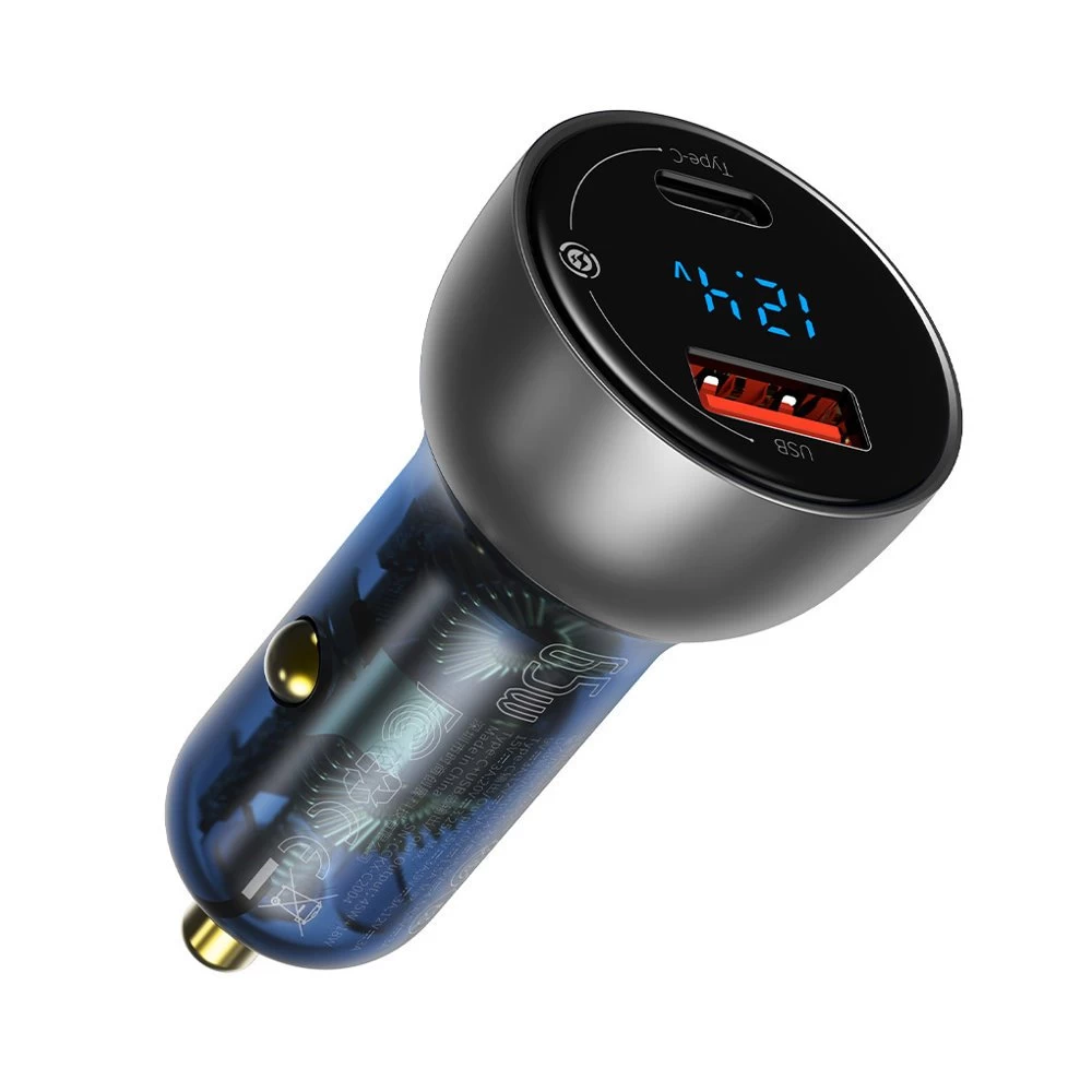 Usb + Usb-c Automobilinis įkroviklis 65w Quick Charge Lcd Ekranas Skaidrus