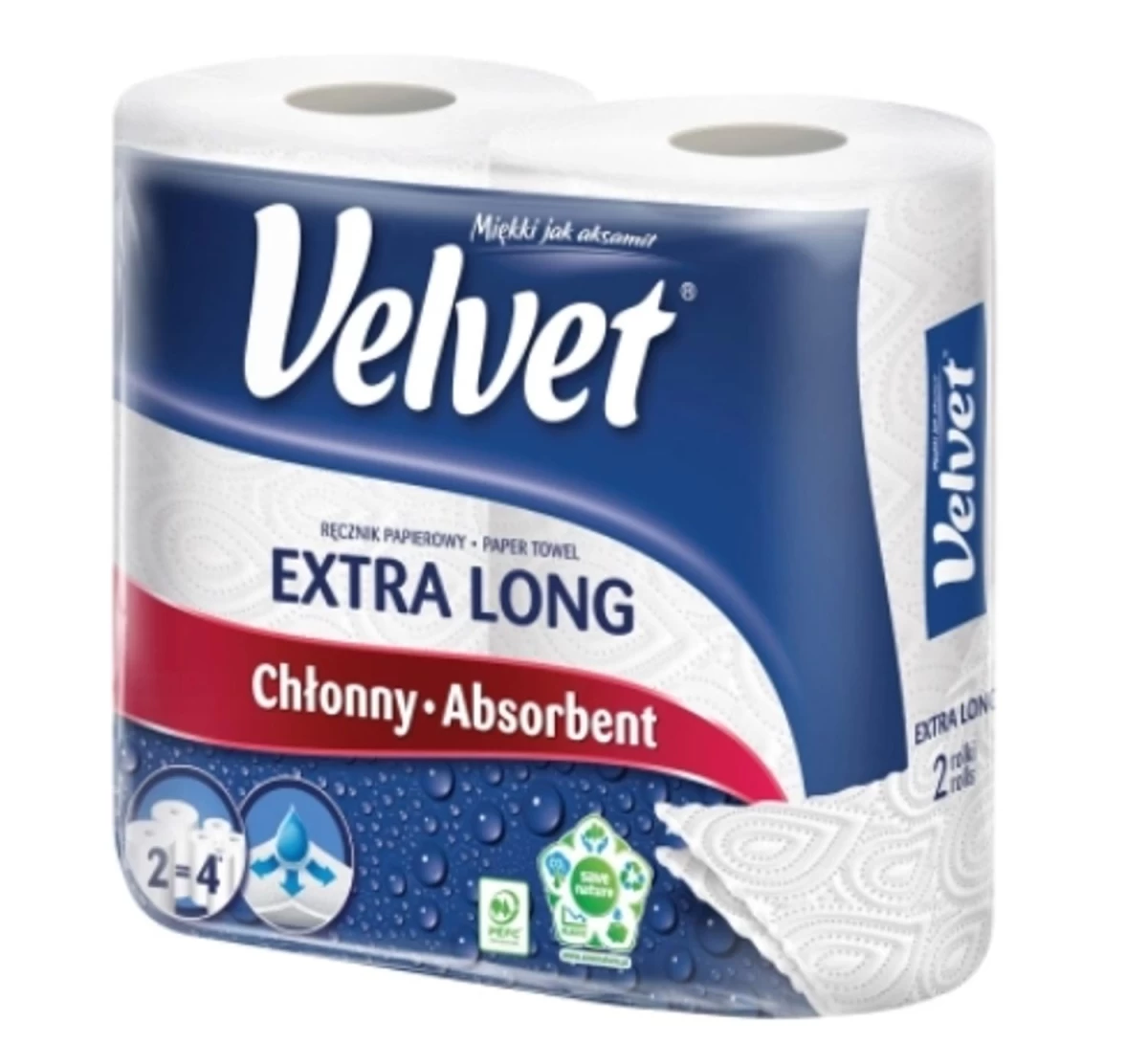 Velvet Extra Long Popieriniai Rankšluosčiai, 2 Ritinėliai.