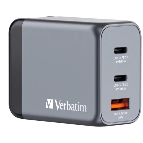 Verbatim 32201 GaN Įkroviklis 65W 3-Port, USB-A/USB-C, EU/UK/US Plug, Pilka/Juoda