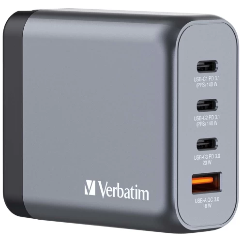 Verbatim 32203 GaN Įkroviklis 140W 4-Port, USB-A/USB-C, EU/UK/US Plug, Pilka/Juoda