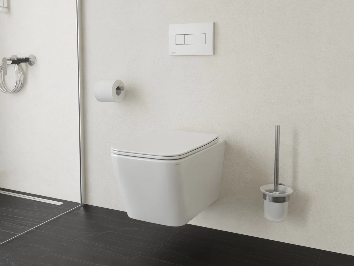 WC pakabinamas Ravak Natural RimOff set ir dangtis su lėto uždarymo sistema SoftClose. Balta spalva. X01984