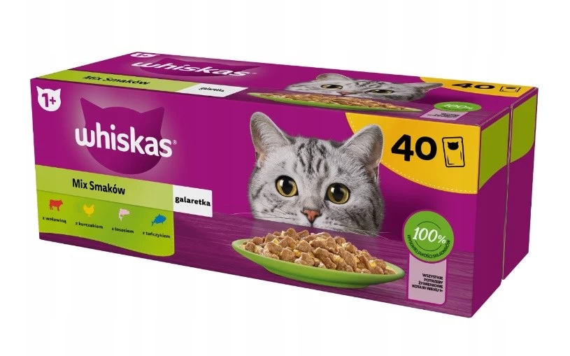 Whiskas 1+ šlapias kačių maistas, jautiena, vištiena, lašiša, tunas, 40x85g
