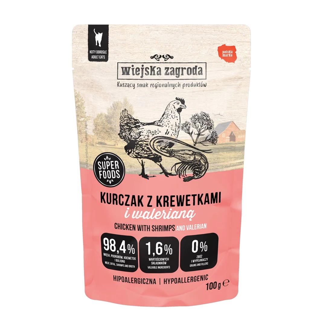 WIEJSKA ZAGRODA šlapias kačių maistas, vištiena su krevetėmis ir valerijonu, 100g