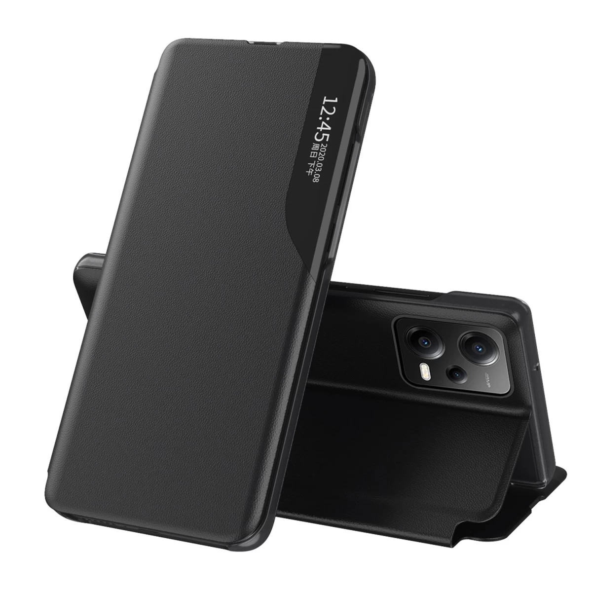 xiaomi Redmi Note 12 Pro+ Juodos Spalvos Eko Odos Dėklas Su Atlenkiamu Dangteliu Ir Stovu