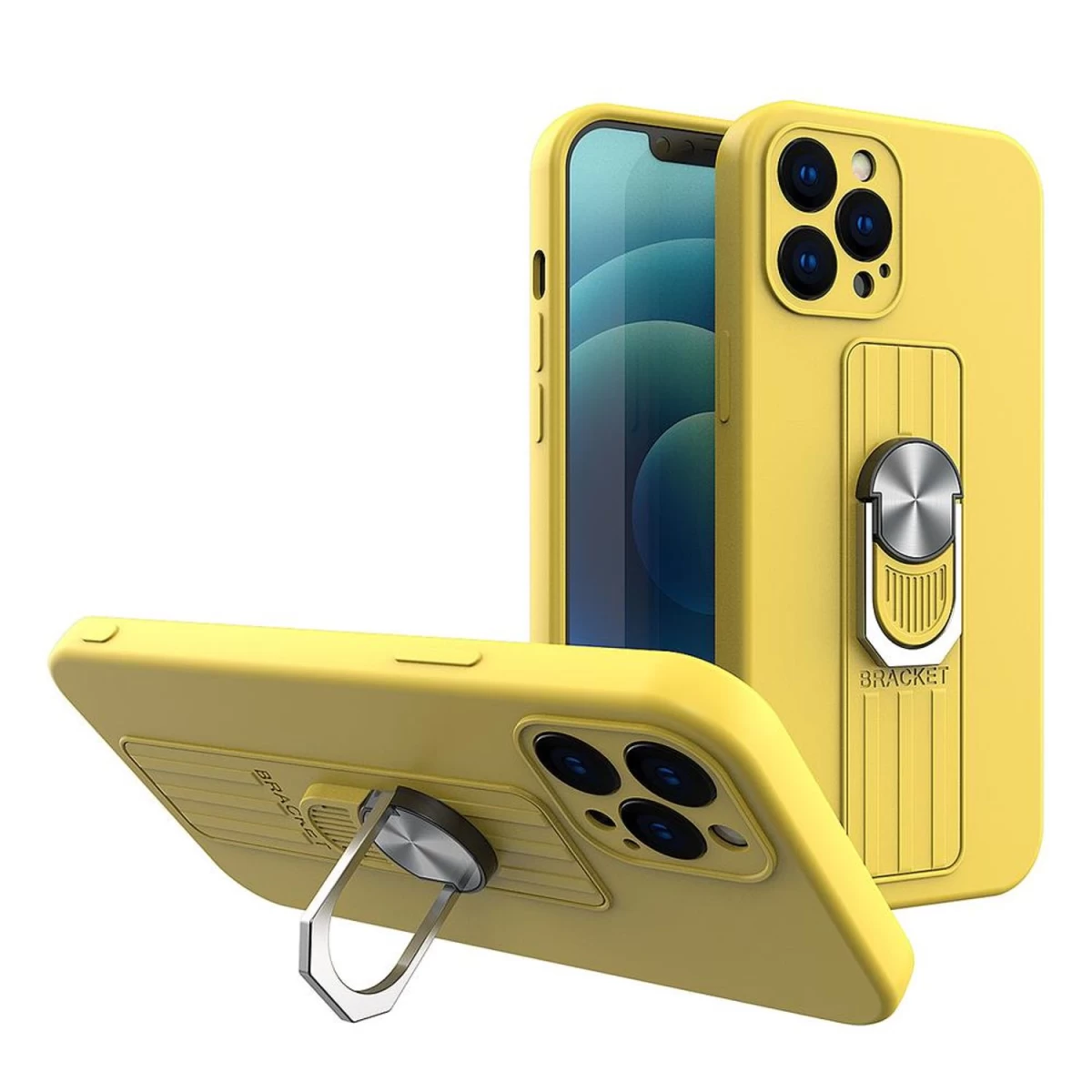 žiedinis Dėklas Silikoninė įmautė Su Pirštų Laikikliu Ir Stovu Iphone 11 Pro Geltonos Spalvos
