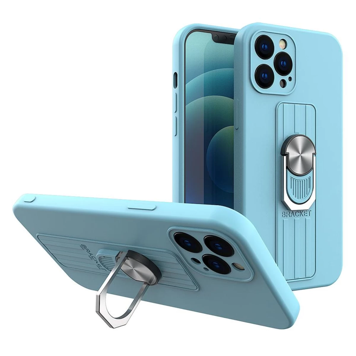 žiedinis Dėklas Silikoninė įmautė Su Pirštų Laikikliu Ir Stovu iphone 13 Pro šviesiai Mėlyna