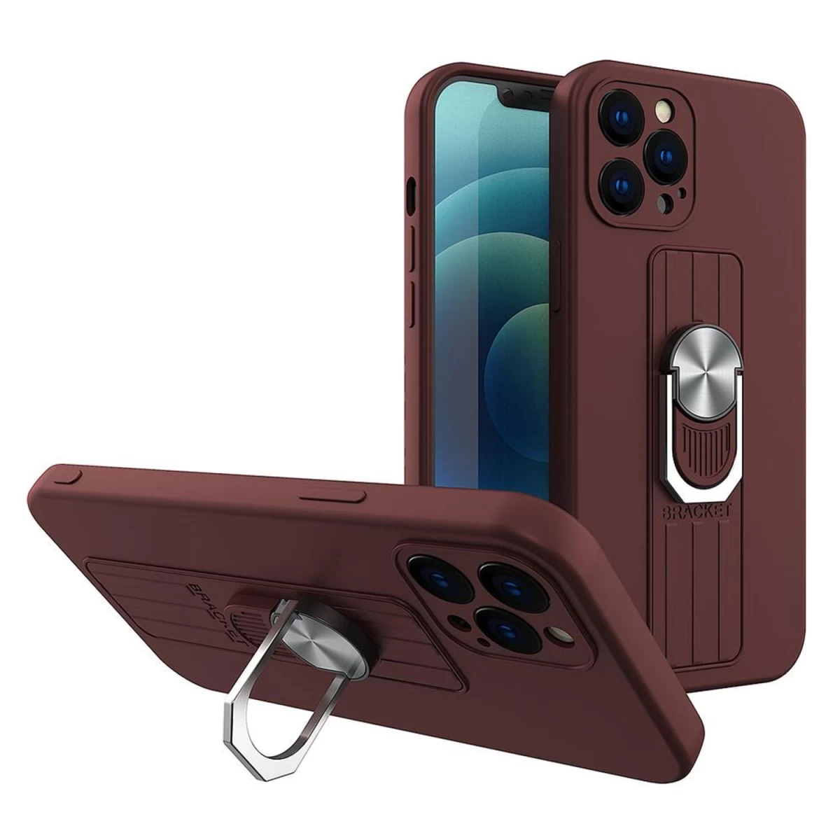 žiedinis Silikoninis Dėklas Su Pirštų Laikikliu Ir Stovu iphone 11 Pro Max Rudos Spalvos