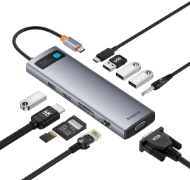11in1 Hub Adapteris Usb-c į Usb-c Pd 4x Usb Hdmi Vga Aux Rj45 Sd Tf Pilkas