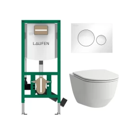 Komplektas: rėmas Laufen INEOLINK su balta plokštele ir unitazas Laufen Pro New Rimless