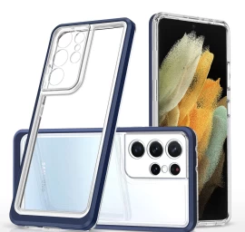 Skaidrus 3in1 Dėklas Samsung Galaxy S23 Ultra Silikoninis Dangtelis Su Mėlynu Rėmeliu