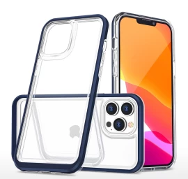 Skaidrus 3in1 Iphone 14 Pro Max Korpuso Silikoninis Dangtelis Su Mėlynu Rėmeliu