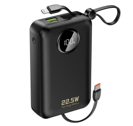 20000 Mah Išorinis Akumuliatorius Su Usb-c Ir Usb-a Jungtimis Bei Integruotais „iphone Lightning“–usb-c Kabeliais – Juodas