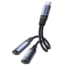 2in1 Adapterio įkroviklis + Ausinės Iš Usb-c į 2x Usb-c Juodos Spalvos