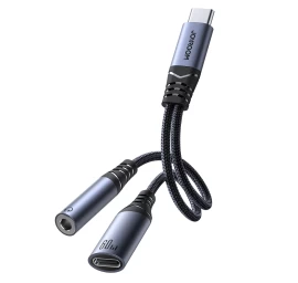 2in1 Adapterio įkroviklis + Ausinės Usb-c į Usb-c / Mini Jack 3,5 Mm Juodos Spalvos