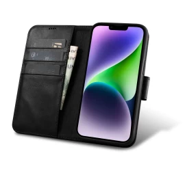 2in1 Odinis Dėklas Su Atlenkiamu Dangteliu Iphone 14 Anti-rfid Oil Wax Wallet Case Black