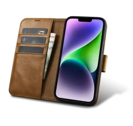 2in1 Odinis Dėklas Su Atverčiamu Dangteliu Iphone 14 Anti-rfid Oil Wax Wallet Case šviesiai Rudas
