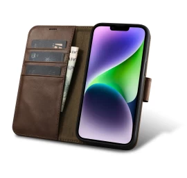 2in1 Odinis Dėklas Su Atverčiamu Dangteliu Iphone 14 Anti-rfid Oil Wax Wallet Case Tamsiai Rudas