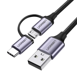 2in1 Stiprus Pintas Usb - Microusb + Usb-c 1m 2.4a Juodas Kabelis
