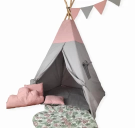 Tepee Palapinė Tamsūs Dažai Su Pilkomis Pagalvėlėmis Lapų Formos Kilimėlio Girlianda