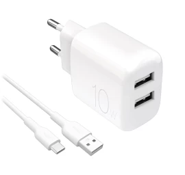 2x Usb-a Prolite 10 W Tinklo įkroviklis Su 1,2 M Ilgio Usb-a - Usb-c Kabeliu - Baltos Spalvos