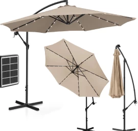 300 Cm Ilgio žiedinis Sodo Skėtis Su Sukamuoju Ratu Ir Led Apšvietimu, Kreminės Spalvos
