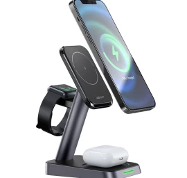 3in1 Qi 15w įkroviklis Su Magnetiniu Laikikliu Iphone Apple Watch Ir Airpods, Juodas
