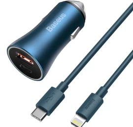 40w Pd Qc Usb-c / Usb Greitasis Automobilinis įkroviklis + iphone Kabelis Mėlynas