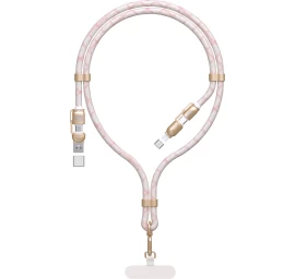 4in1 Lanyard Kabelis Usb-a / Usb-c / Iphone Lightning Pd Qc 65w 1,5 M - Rožinis