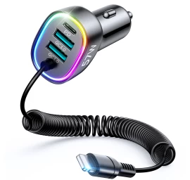 4in1 Usb-c Pd 2x Usb Qc3 Greitasis Automobilinis įkroviklis Su lightning Kabeliu 1,6 M 57 W Juodas