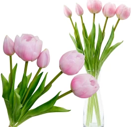 5 Bijūnų Puokštė, Rožinės Tulpės, 39 Cm, Kaip Gyva Pavasario Puošmena