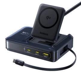 5-in-1 Usb-a Usb-c Belaidžio įkrovimo Stotelė Su qi2 160 W Ištraukiamu Kabeliu - Juoda