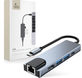 5-in1 Hub šakotuvas Usb-c į Usb-c Usb-a Hdmi Rj45 - Pilkas